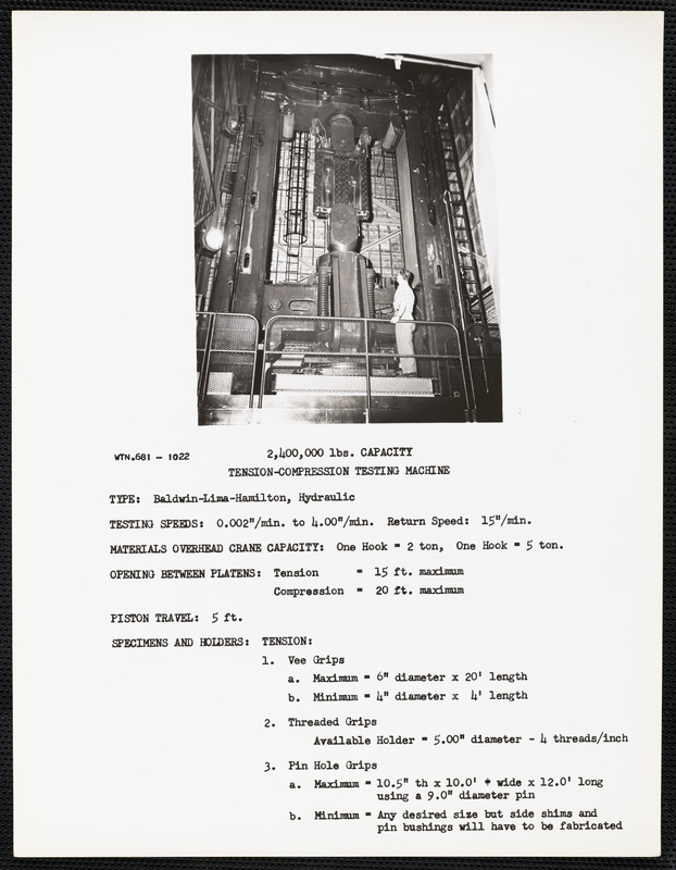 2,400,000 lbs. capacity tension-compression testing machine