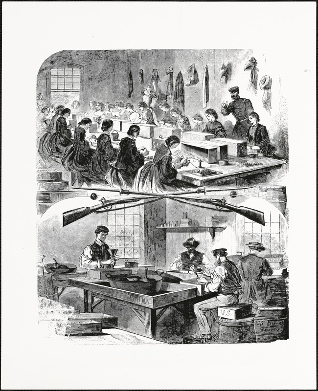 Men and women making war materials during the Civil War