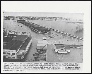 Dike Break--This aerial shows the break in the dike which permitted the flooding waters of the Mississippi River to rush into the west industrial area of this city. The waters were caught and contained by a secondary dike.