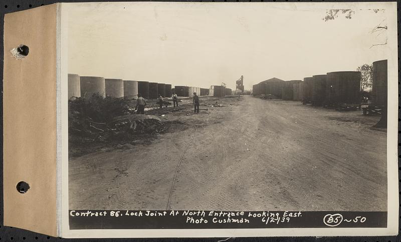 Contract No. 85, Manufacture and Delivery of Precast Concrete Steel Cylinder Pipe, Southborough, Framingham, Wayland, Natick, Weston, Lock Joint at north entrance looking east, Natick, Mass., Jun. 2, 1939