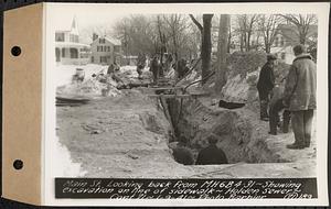 Contract No. 71, WPA Sewer Construction, Holden, Main Street looking back from manhole 6B4-31, showing excavation on line of sidewalk, Holden Sewer, Holden, Mass., Jan. 9, 1941