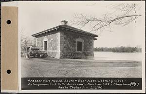 Contract No. 99, Enlargement of Fells High Level Distribution Reservoir, Stoneham, Malden, Melrose, present gatehouse, south and east sides, looking west, enlargement of Fells Reservoir, Stoneham, Mass., Feb. 12, 1940