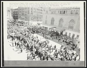 New York: General view of crowds outside the Riverside Memorial Chapel where funeral services were held for Jeffrey Miller of Plainview, N.Y., 5/7. Miller was one of four students killed at Kent State University.