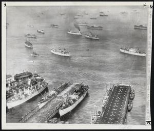 Effects of New York Tug Strike are indicated in this photo showing some of many merchant ships anchored in the narrows between upper and lower New York bay.