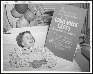 Affliction of polio doesn't discourage patients of Haynes Memorial Hospital, Allston, from engaging in fun and gaiety. Tomorrow night an all-patient variety show will be presented in hospital cafeteria. Proceeds will be donated to the march of dimes. Little Katherine Pate, 9, is poster girl.