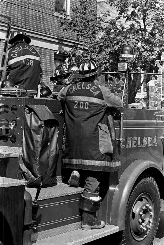 Left to right, firefighters Bob Fitzgerald, Joe McDonald and Louis Addonizzio at box 314, First Baptist Church, 185 Shurteff St.