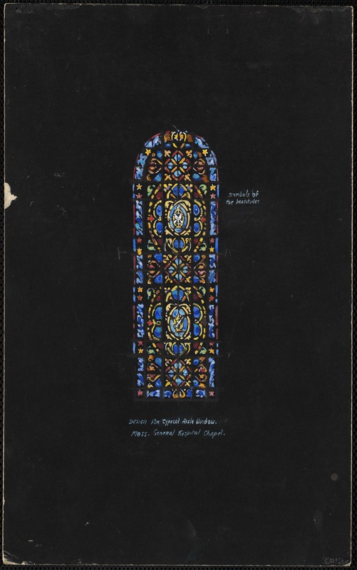 Design for typical aisle windows, Mass. General Hospital Chapel, symbol of beatitudes