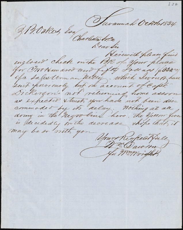 William C. Dawson, Savannah, Ga., autograph letter signed to Ziba B ...