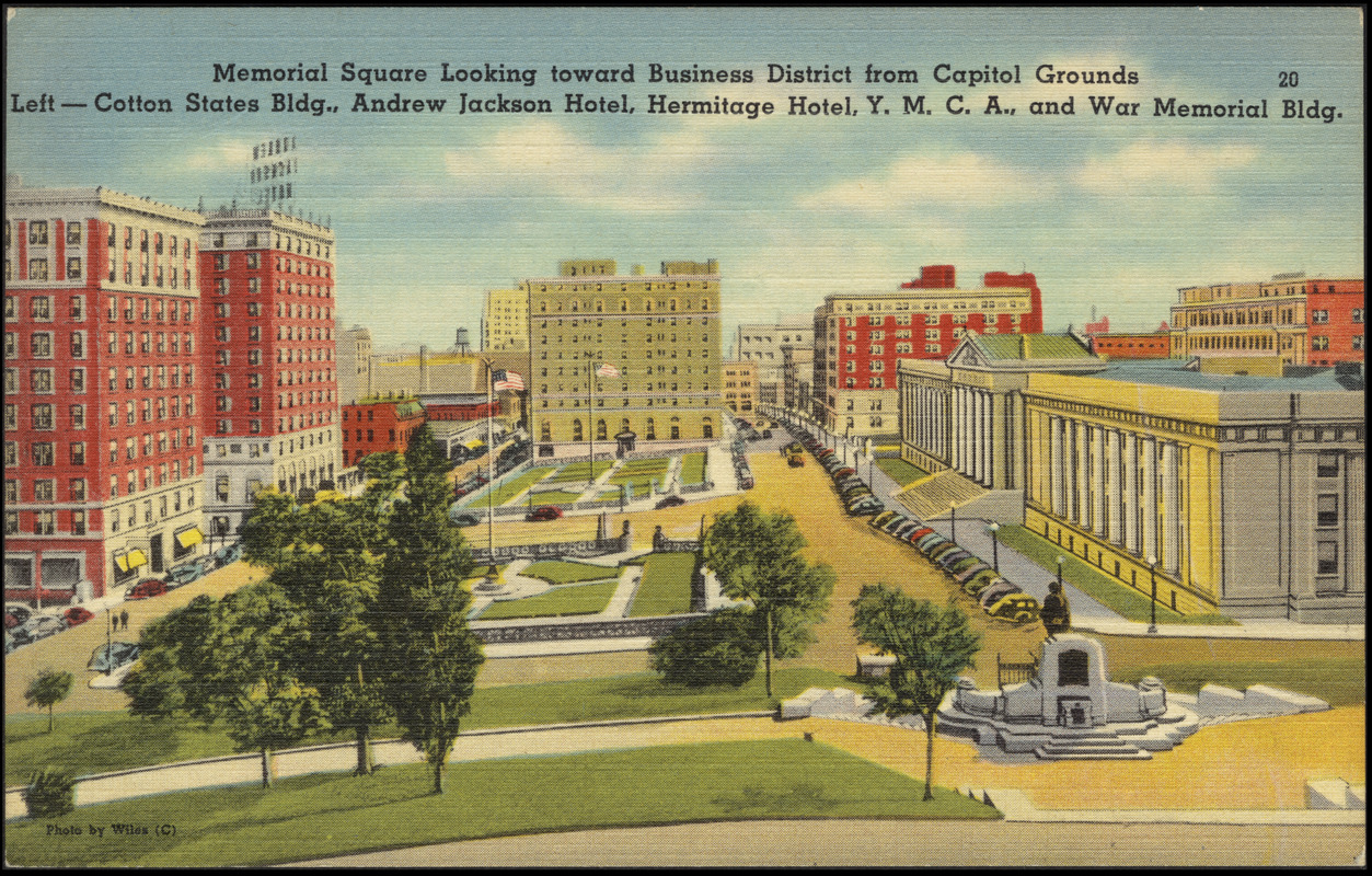 Memorial Square looking toward business district from Capitol Grounds left - Cotton States bldg., Andrew Jackson Hotel, Hermitage Hotel, Y.M.C.A., and War Memorial bldg.