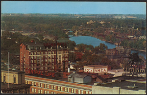 Aerial view of Des Moines River looking northeast with Brown Hotel and Y.M.C.A. in foreground