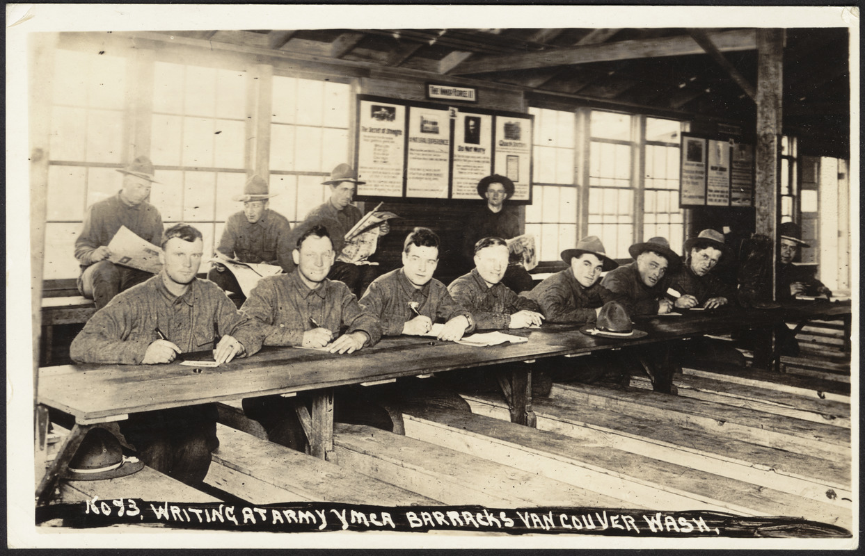 Writing at Army YMCA barracks Vancouver, Wash.