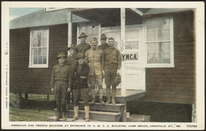 American and French soldiers at entrance to Y.M.C.A. building, Camp Meade, Annapolis Jct., Md