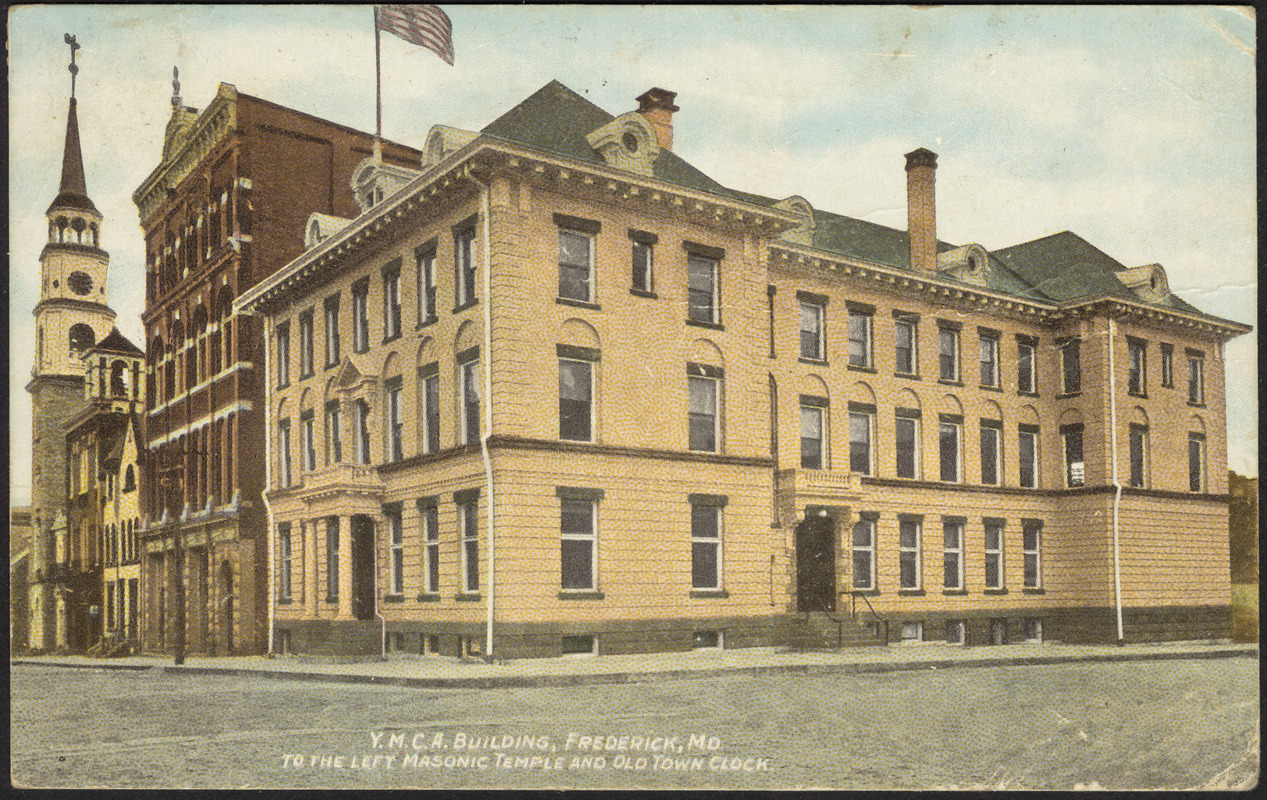 Y.M.C.A. building, Frederick, MD, to the left Masonic Temple and Old Town Clock