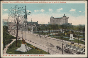 View of Grand Circus Park, Detroit, Mich., showing Pingree and Maybury Monuments, Central M.E. Church and Y.M.C.A. building