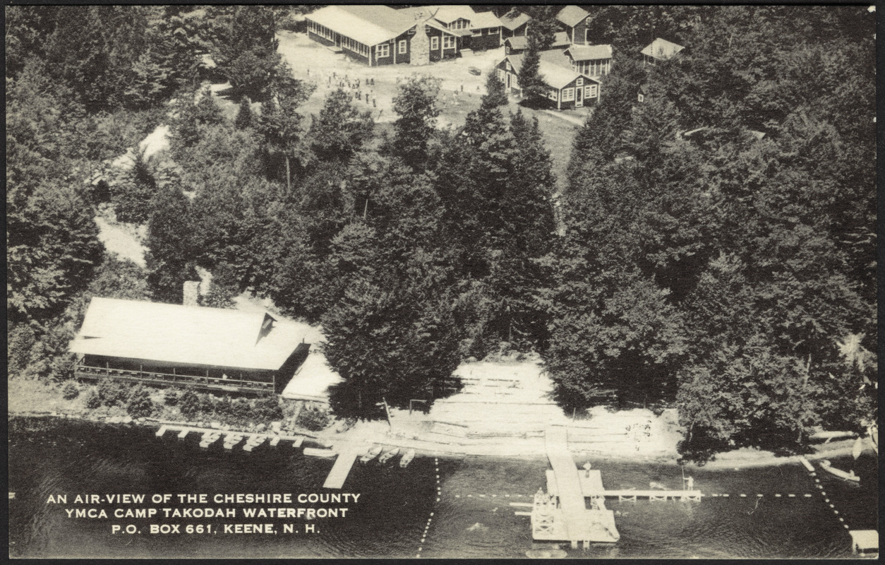 An air-view of the Cheshire County YMCA Camp Tokodah Waterfront P.O. Box 661, Keene, N.H.