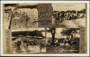 Y.M.C.A. Boys Camp Hastings Lake (in the swim, off on an overnight hike, at sunset - Camp Hastings, daily staff conference)