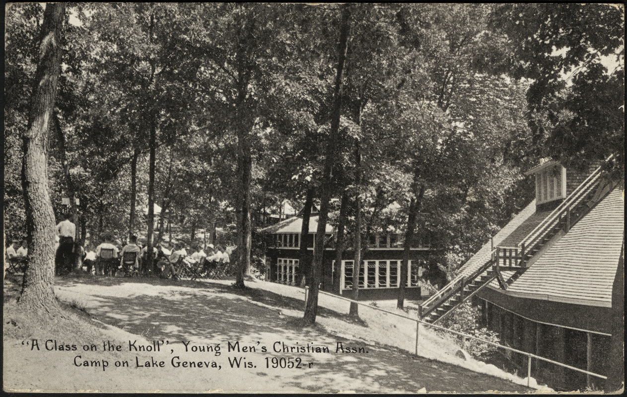 "A class on the knoll", Young Men's Christian Assn. Camp on Lake Geneva, Wis.