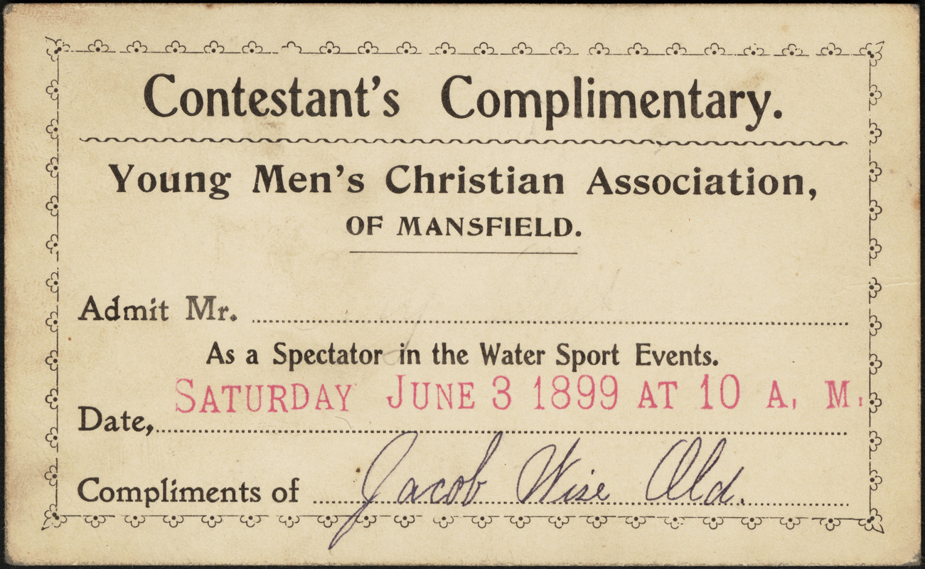 Contestant's complimentary Young Men's Christian Association of Mansfield