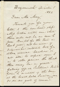 Letter from Anne Warren Weston, Weymouth, [Mass.], to Samuel May, October 1, 1852