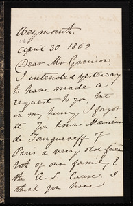 Letter from Anne Warren Weston, Weymouth, [Mass.], to William Lloyd Garrison, April 30, 1862