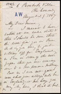 Letter from Anne Warren Weston, 6 Pembroke Villa, Richmond, to William Lloyd Garrison, August 29, 1867