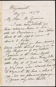 Letter from Anne Warren Weston, Weymouth, [Mass.], to William Lloyd Garrison, Aug. 17, 1874