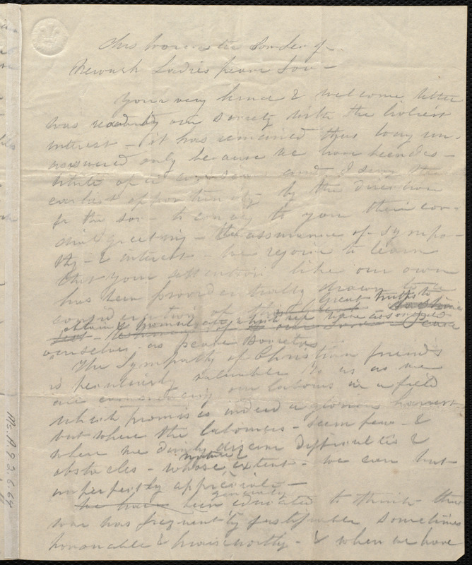 Letter from Caroline Weston, [Newark, New Jersey?], to Mrs. Worcester