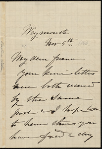 Letter from Caroline Weston, Weymouth, [Mass.], to William Lloyd Garrison, Nov 5th, [1866]