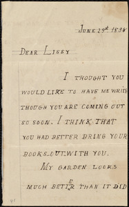 Letter from Emma Forbes Weston, [Weymouth, Mass.], to Elizabeth Bates Chapman Laugel, June 29, 1838
