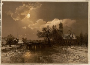 Night scene in winter with moon and a church tower in the background