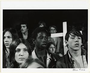 Cambridge City Council Hearing at Rindge Tech auditorium on the death of Larry Largey, young people from the Roosevelt Towers area, October 1972