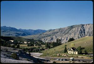 View of Mammoth Hot Springs and surrounding area, Yellowstone National Park, Wyoming