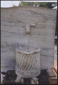 Kilbon Memorial Fountain, fish relief on back with partial inscription honoring Amelia Jeannette Kilbon