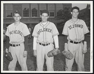 Catholic All-Star Pitching Staff to face the City of Boston schoolboy All-Stars tomorrow night at Braves Field at 7:30 are (left to right) Johnny Finn of Cathedral, Frank McCauley of St. Clement's and Bob St. Pierre of John's Prep.