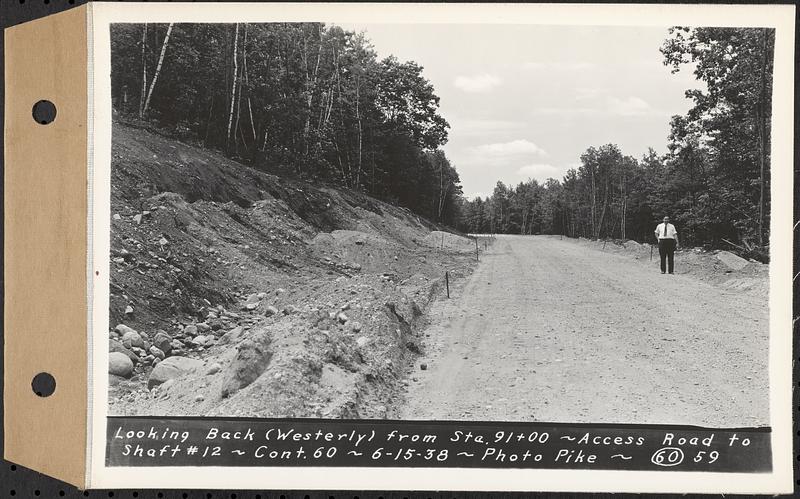 Contract No. 60, Access Roads to Shaft 12, Quabbin Aqueduct, Hardwick and Greenwich, looking back (westerly) from Sta. 91+00, Greenwich and Hardwick, Mass., Jun. 15, 1938
