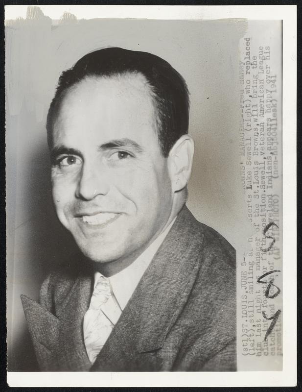 [illegible] Browns' Managers--Fred Haney (left), still smiling as he asserts Luke Sewell (right), who replaced him last night as manager of the St. Louis Browns, will bring the club into the fourth or fifth position. Sewell, veteran American League catcher and coach of the Cleveland Indians appears happy over his promotion