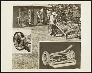 Effort cut in half - Above - One of the new light-weight mowers at work. Left - Bohnalite alloy cast wheel on F. and N. mower. Right - A featherweight American mower with Bohnalite wheels, cutter bar and other parts.