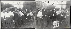 Violence in Lancaster, Pa., Strike - (Left) Pickets at the strike-bound Conestoga Transportation Company overturn a car which four trolley company employes attempted to drive through the lines today. (Right) Police and pickets clash after the auto is overturned.