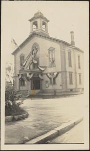 Pepperell Town Hall decorated with patriotic bunting