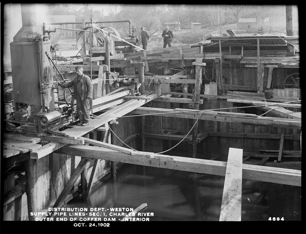 Distribution Department, supply pipe lines, Section 1, Charles River, outer end of cofferdam, interior, Weston, Mass., Oct. 24, 1902
