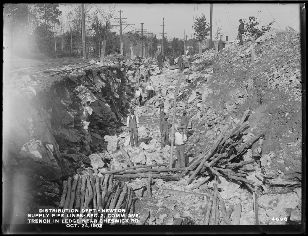 Distribution Department, supply pipe lines, Section 2, Commonwealth Avenue, trench in ledge near Cheswick Road, Newton, Mass., Oct. 24, 1902