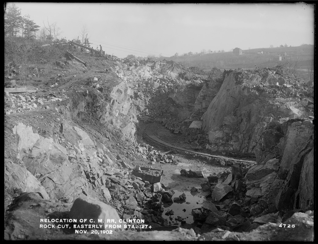 Relocation Central Massachusetts Railroad, rock cut, easterly from station 127+, Clinton, Mass., Nov. 20, 1902