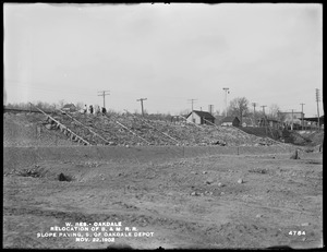 Wachusett Reservoir, relocation of Worcester, Nashua & Portland Division of Boston & Maine Railroad, slope paving south of Oakdale depot, Oakdale, West Boylston, Mass., Nov. 22, 1902