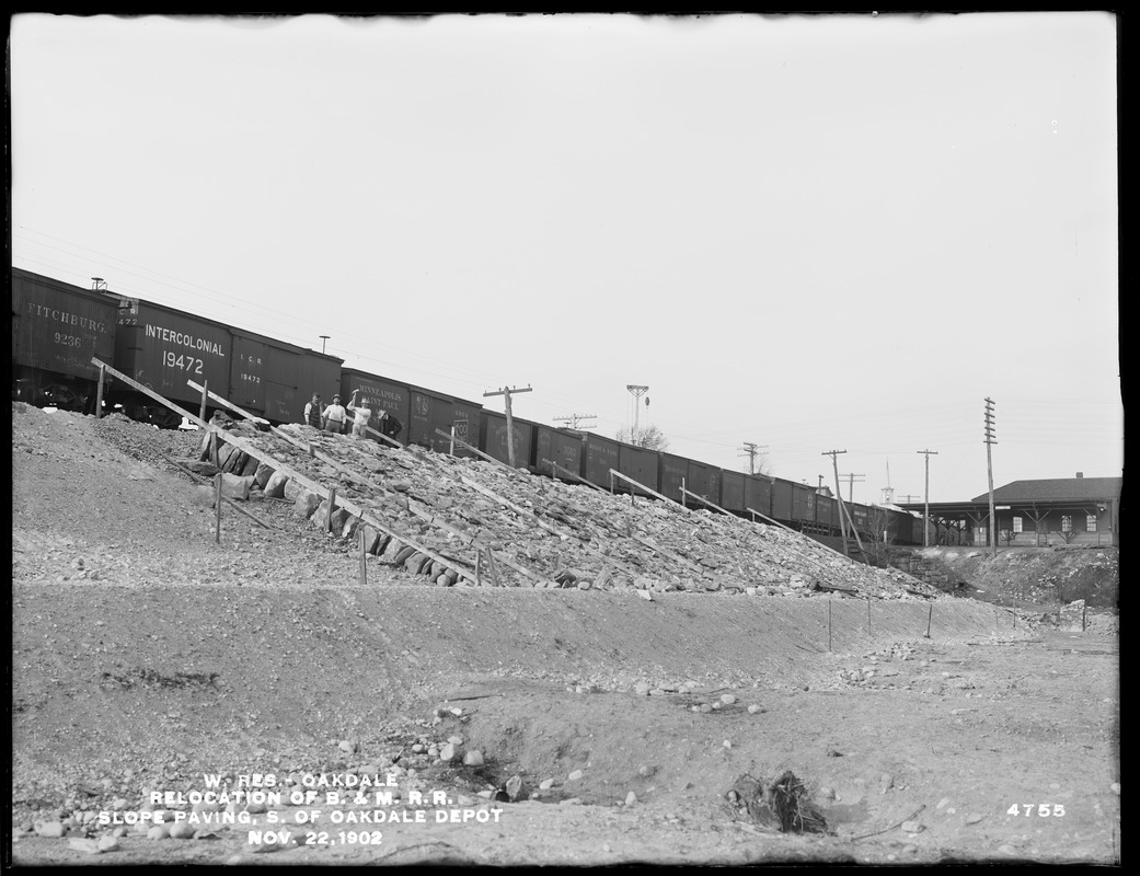 Wachusett Reservoir, relocation of Worcester, Nashua & Portland Division of Boston & Maine Railroad, slope paving south of Oakdale depot, Oakdale, West Boylston, Mass., Nov. 22, 1902