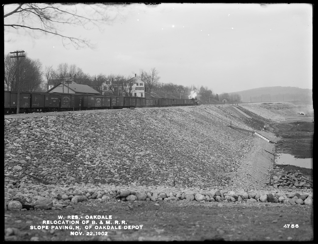 Wachusett Reservoir, relocation of Worcester, Nashua & Portland Division of Boston & Maine Railroad, slope paving north of Oakdale depot, Oakdale, West Boylston, Mass., Nov. 22, 1902