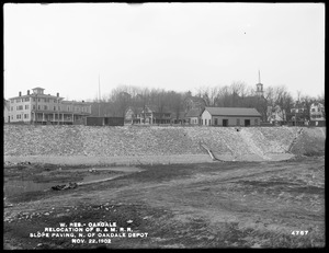 Wachusett Reservoir, relocation of Worcester, Nashua & Portland Division of Boston & Maine Railroad, slope paving north of Oakdale depot, Oakdale, West Boylston, Mass., Nov. 22, 1902