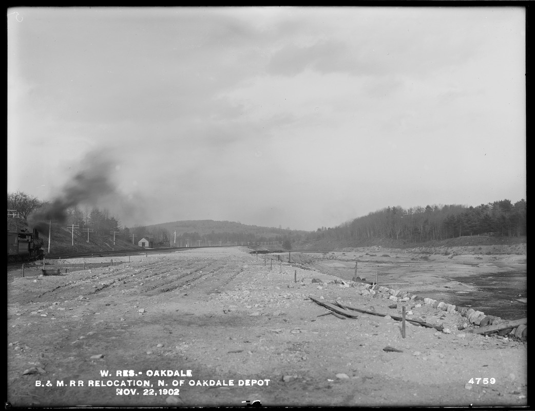 Wachusett Reservoir, Boston & Maine Railroad relocation north of Oakdale depot, Oakdale, West Boylston, Mass., Nov. 22, 1902