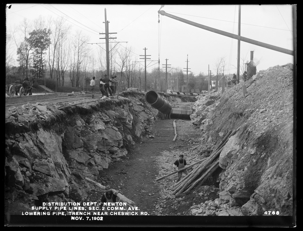 Distribution Department, supply pipe lines, Section 2, Commonwealth Avenue, lowering pipe trench near Cheswick Road, Newton, Mass., Nov. 7, 1902
