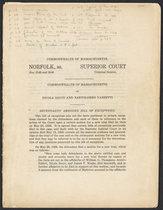 Sacco-Vanzetti Case Records, 1920-1928. Prosecution Papers. Ranney files: Defendants' Amended Bill of Exceptions, [1926]. Box 26, Folder 3, Harvard Law School Library, Historical & Special Collections