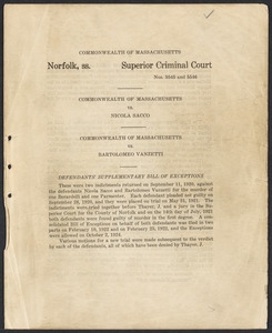 Sacco-Vanzetti Case Records, 1920-1928. Prosecution Papers. Ranney files: Defendants' Supplementary Bill of Exceptions, n.d. Box 26, Folder 4, Harvard Law School Library, Historical & Special Collections